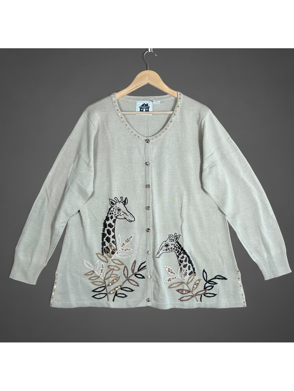 Storybook Knits Safari Embroidered Beaded Cardigan Sweater Beige 1X Vintage